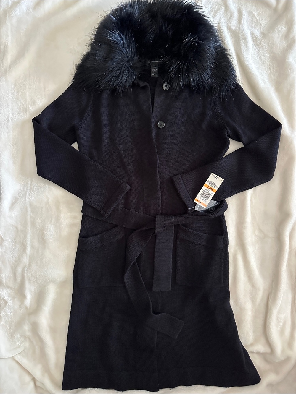 INC Black Knit Belted Long Sweater Coat with Faux Fur Collar